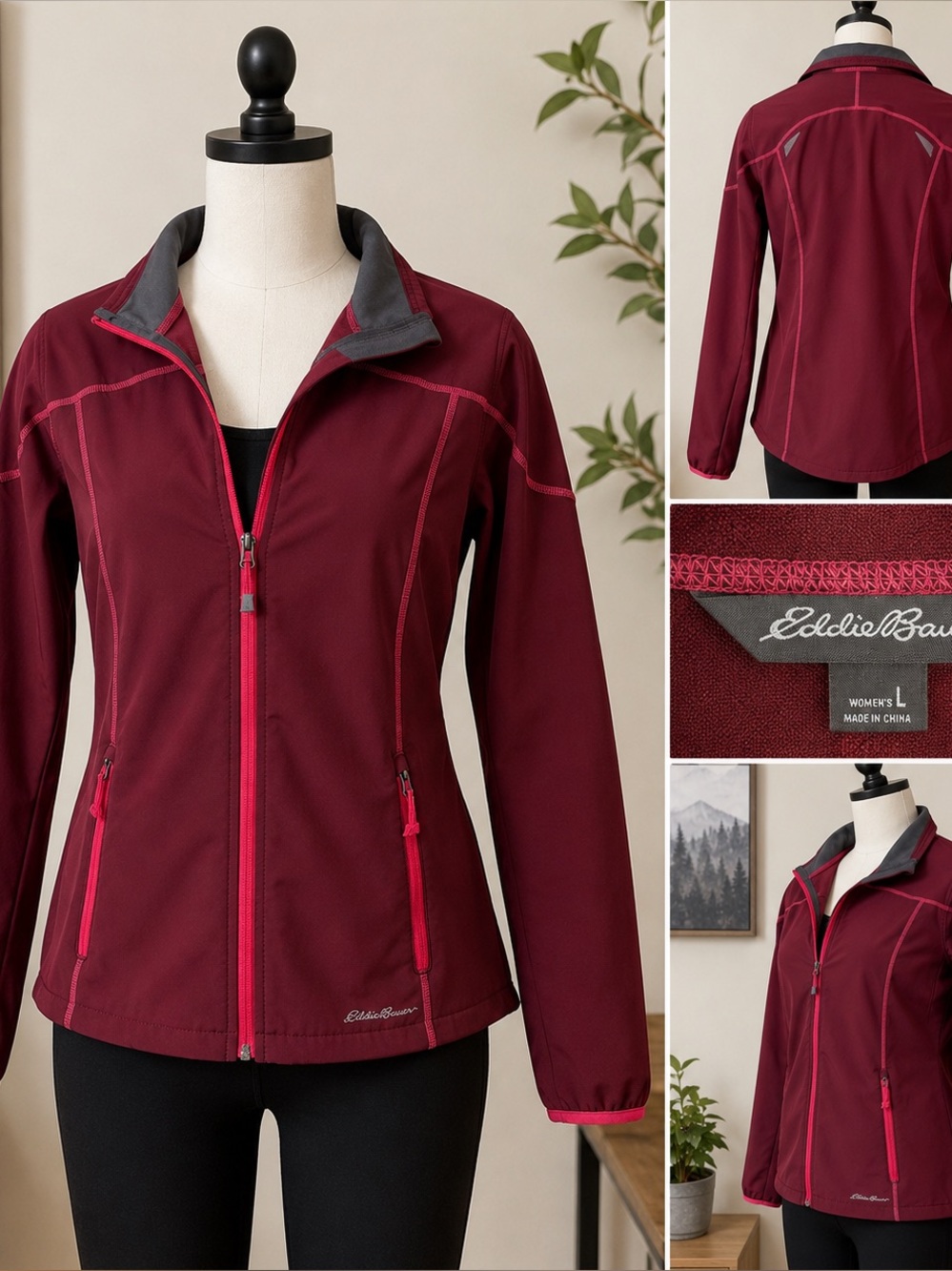 Eddie Bauer Eddie Bauer soft shell jacket burgundy pink trim LARGE athleisure